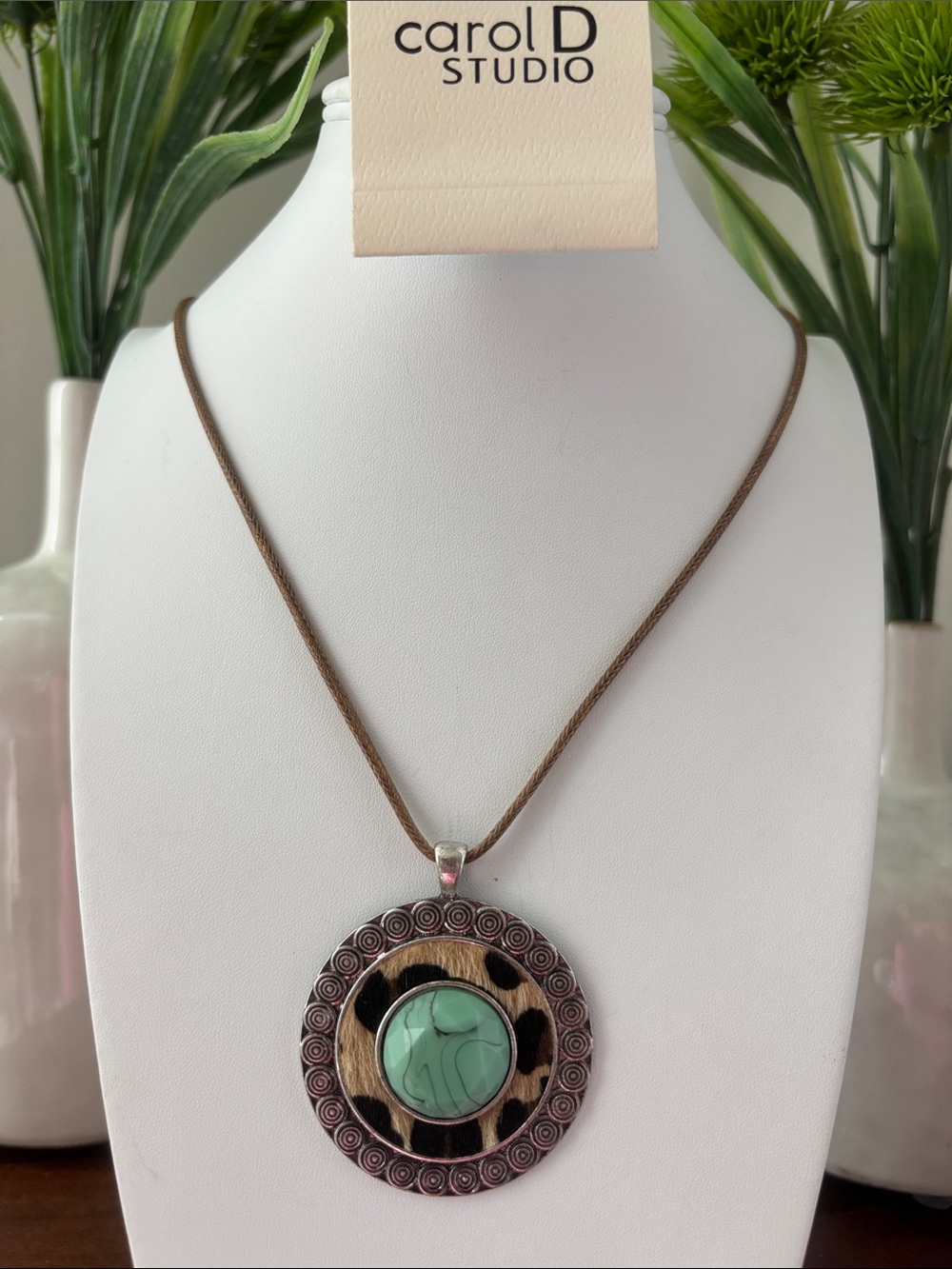 Carol D Studio Calf Hair leopard print,turquoise stone,pendant,leatherette chain